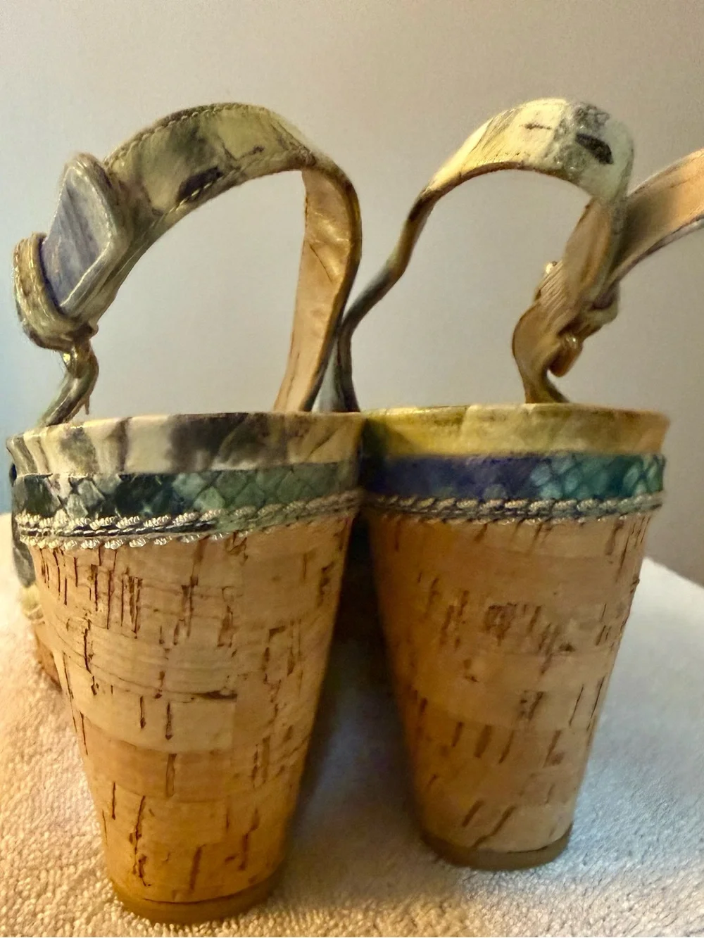Stuart Weitzman Teal, royal blue, lime green Multi-Print Peep-Toe Cork Wedges - Picture 5 of 8